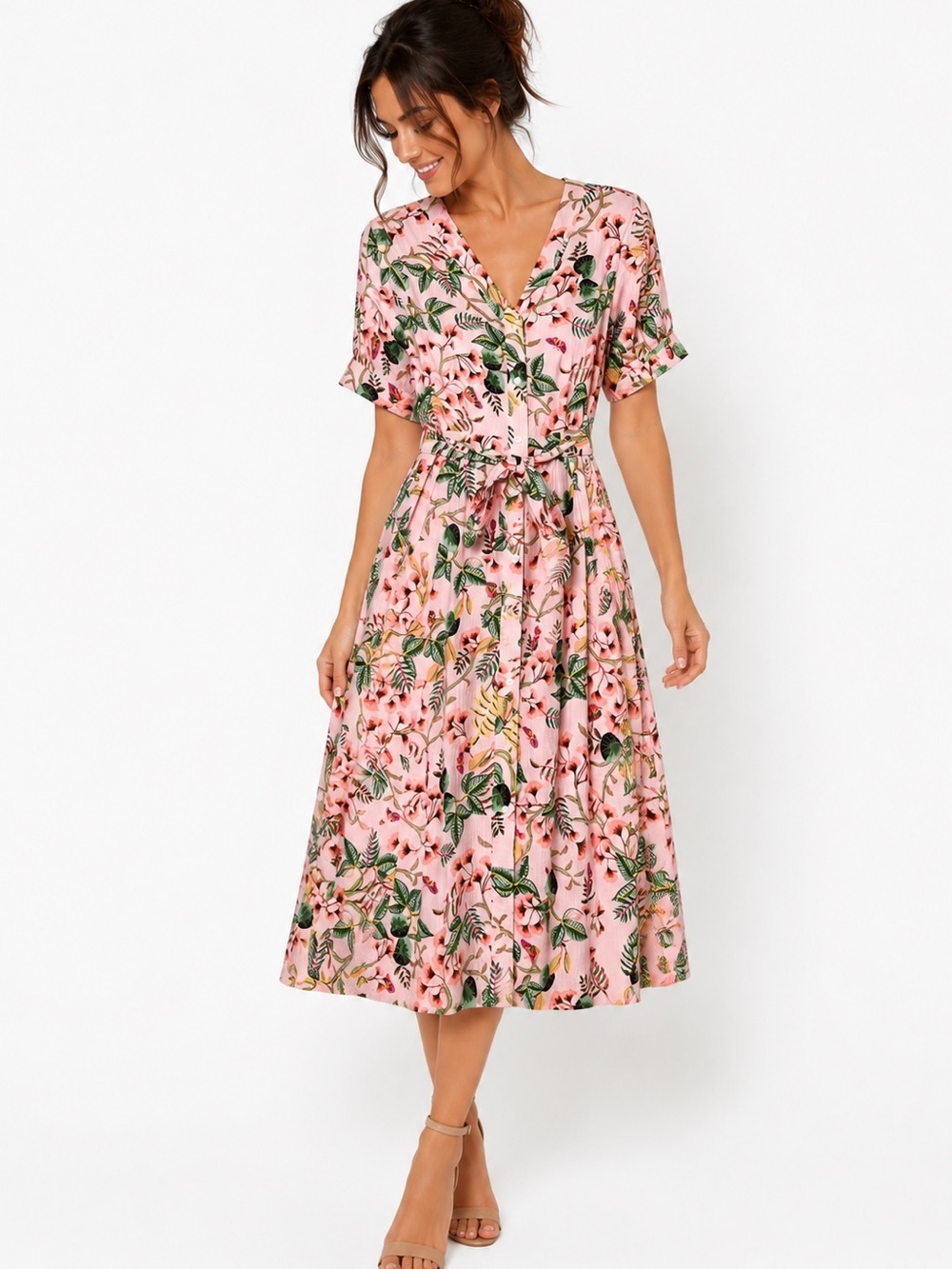 Loft Full Button Down Floral Midi Dress with Tie Waist